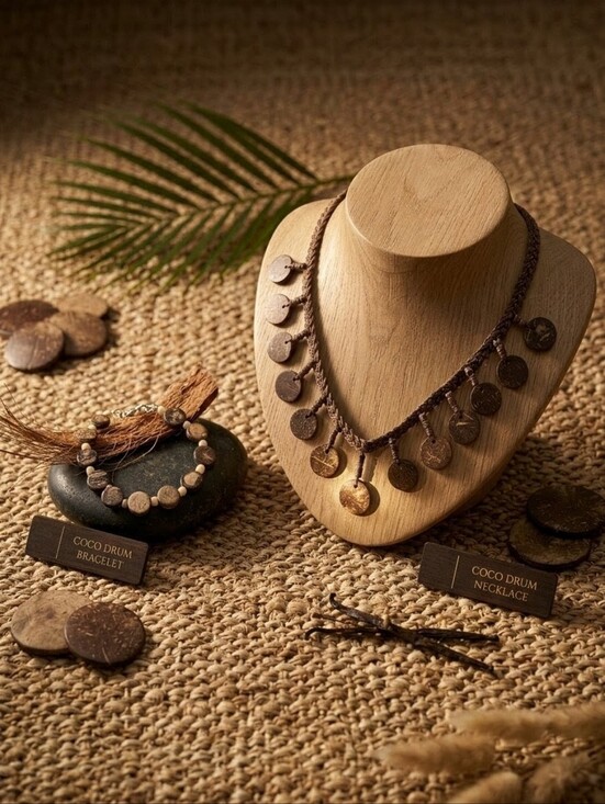 Hand Crafted Jewelry - Vintage Artisan Coco Shell & Frosted Glass Boho Choker Necklace & Bracelet Set
